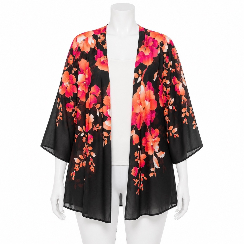 Susan Graver Kimono Blouse Womens Large Black Pink Orange Floral Chiffon Flowy